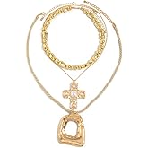 Titayen Layered Gold Chunky Cross Necklace for Women Irregular Geometric Square Pendant Necklace Gold Unique Punk Hip-Hop Oval Hollowed-Out Chain Necklace