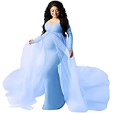 Women Off Shoulder Long Sleeve Maternity Dress Tulle Elegant Slim Fit Gown Baby Shower Photography Maxi Dress for Photo Shoot
