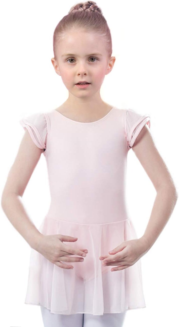 AUKARENY Dance Leotard for Girls, Skirted Short Sleeve, Dance Dress Ballet (Small (4-6), Ballet Pink)