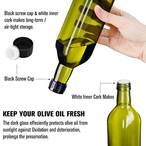 PrettyCare Olive Oil and Vinegar Dispenser Bottles 17oz (Dark Cruet with Extra Lids, Labels and Funnel) 500ml Drip-Free Bottle with Stainless Steel Spout, Flip Top Pourer Set (Dark Green)