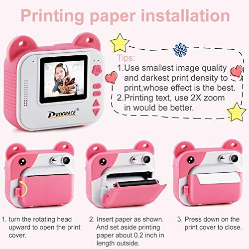 PROGRACE Instant Print Camera for Kids, Kids Instant Camera for Travel Learning Birthday Gift, Portable Digital Creative Print Camera for Girls Zero Ink Kids Camera Toy with Print Paper(Pink)