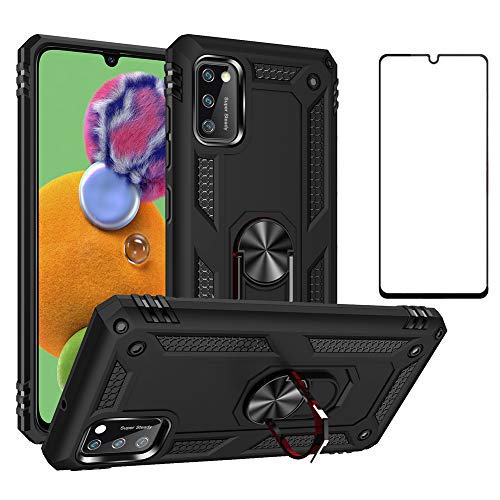 Phone Case for Samsung Galaxy A41 and Tempered Glass Screen Protector With Stand Ring Holder Kickstand Accessories Heavy Duty Rugged Protective Shockproof Hard Bumper a41case samsunga41 a 41 Black