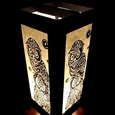 Pakdeevong shop Black Owl Bird of Night Prey White Handmade Asian Oriental Wood Table Paper Gift Bedside Night Light Bulbs Bedroom Accessories Home Decor Living Room Bedside Homemade Art Garden Outdoor Floor Japanese Modern Vintage Christmas Desk Lamp