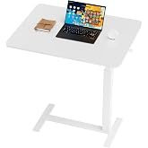 OLIXIS Small Standing Rolling Desk with Wheels, Overbed Bedside Table White | Adjustable Height Pneumatic Rolling Laptop Desks Cart, Computer Workstation for Home Office, Bedroom, Study