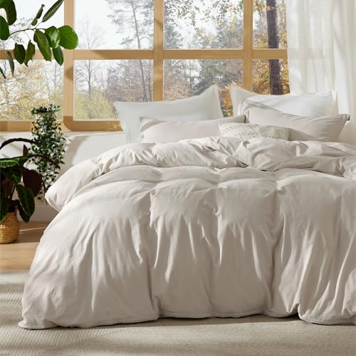 Photo 1 of Bedsure 100% Stone Washed Cotton Duvet Cover Queen - Light Greige Minimalist Cotton Duvet Cover Linen Like for All Seasons - GentleSoft™ Plain Simple Bedding (Light Greige, Queen, 90"x90")