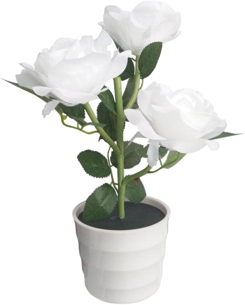 LED Solar Power Decorative Artificial Rose Flower Pot Plant Landscape Light Night Lamp Outdoor Garden Yard Pathway Lawn Grassland White
