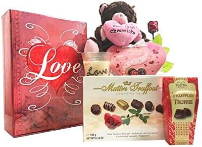 I Love You Gift Basket Chocolate Gift Collection - Features Madelaine Semi Solid Milk Chocolate Rose, Love Woodwick Crackling Candle,Plush Chocolate Kiss Bear &amp; Maitre Truffaut Assorted Pralines