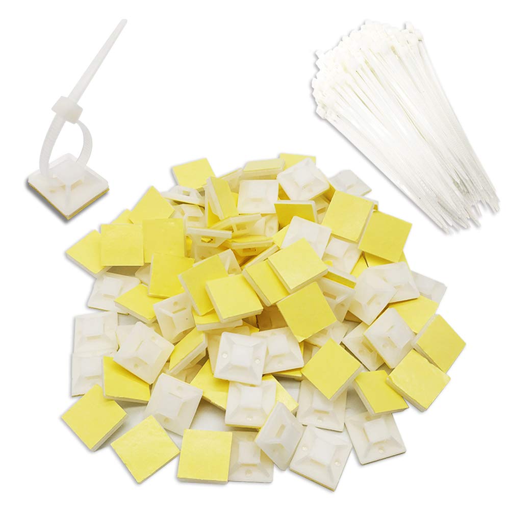 200 Pieces/100 Sets Cable Ties Adheasive Mounts,100 mm x 35 mm White Nylon Zip Tie with Self Adhesive Tie Wraps Base Holder Sticky Pads Cable Organizer for Home Office Garage and Workshop