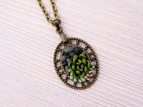 Tiny succulent necklace with polymer clay plants Miniature Sea rock tropical nature beach Floral jewelry cactus desert Oval antique brass pendant Cute gift for girlfriend Mom Wife Sister