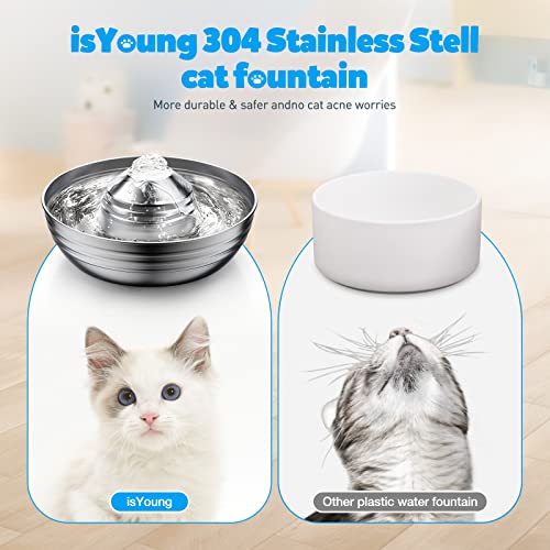 isYoung Cat Water Fountain Stainless Steel, 67oz/2L Metal Pet Fountain Dog Water Dispenser