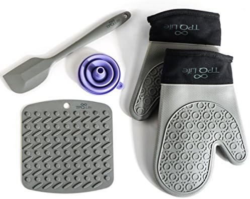 Set that includes: pair of Silicone oven gloves Quilted Cotton Lining Heat Resistant FDA passed silicone placemats Non-slip scraper 27.5 CM silicone (Gray) and funnel as bonus by TPQ LIFE