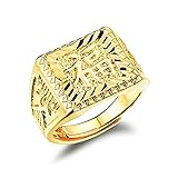 Mens Gold Plated Rectangle Ring Blessing in Chinese Character Good Luck Gold Jewelry for Men