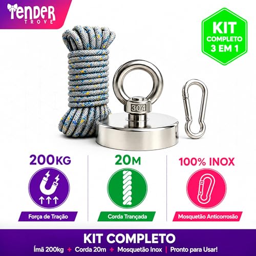 Tender Trove Kit Pesca Magnetica Ima Neodimio 200kg, 60mm, Corda Trancada 20 Metros, Mosquetao Aco Inox, Recuperacao Objetos Metalicos Rios Lagos