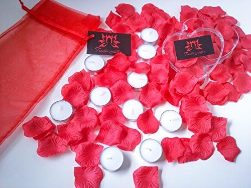 10 White Unscented Tealight Candles with 300 Faux Red Rose Petals and Clear Heart Shaped Box Gift Set