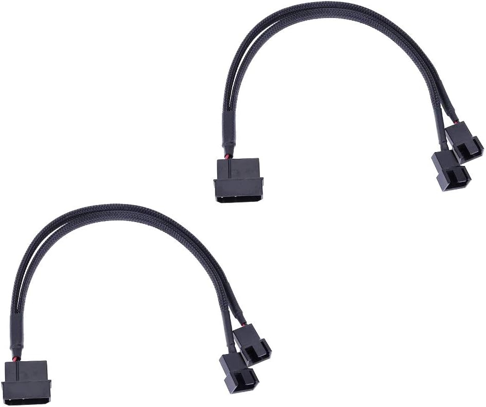Sleeved Molex to x2 PC Fan Splitter Cable, 27cm, Black - Pack of 2, 2 Fan - Pack of 2