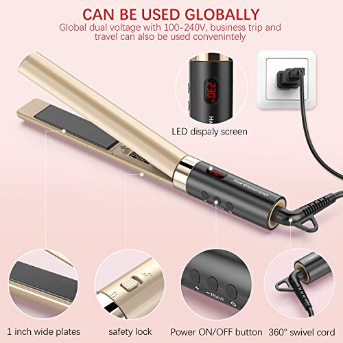 Flat Iron for Hair,GOOLEEN Professional Ceramic Hair Straightener 1 Inch Tourmaline 3D Floating Plates,2 in 1 Hair Curler and Straightener with Dual Voltage LED Display Adjustable Temperature 248-446℉