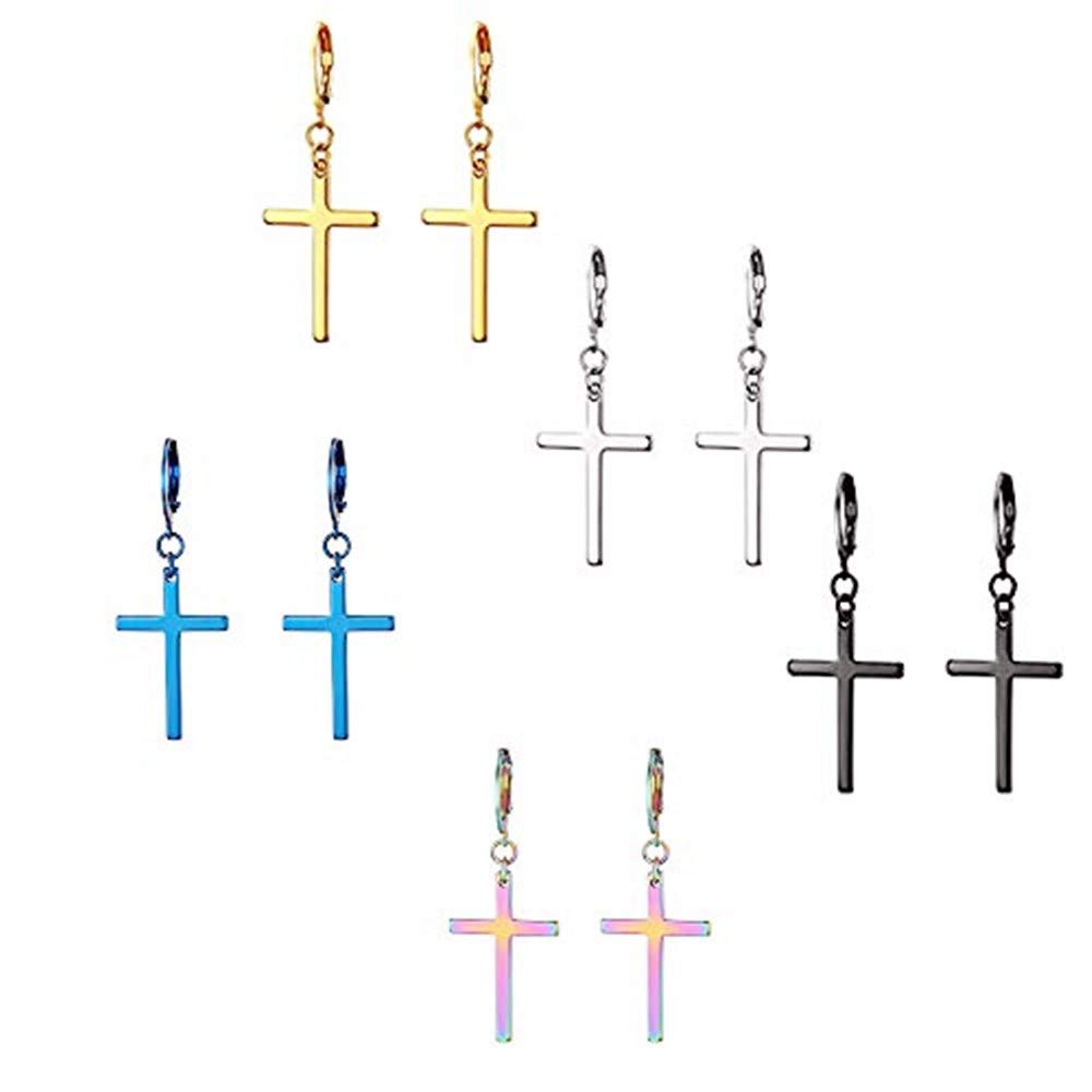 Flongo Mens Womens 10PCS Vintage Stainless Steel Silver Black Gold Color Blue Cross Dangle Stud Earrings, Religious Christmas Cross Drop Dangle Earrings …