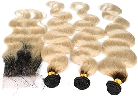 VKHair 3 Bundles Ombre Dark Root Blonde Body Wave 1B/613# Hair Weave Brazilian Remy Weaving Extensions 12" with 1pc 12" Lace Closure Free Part