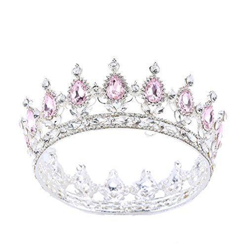 FUMUD 2" Height Rhinestone Clear/Pink Crystal Stones Silver Plated Bridal Wedding Pageant Princess Tiara Crown Hair Jewelry