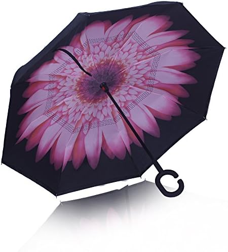 Double Layer Inverted Umbrella Reverse Folding Travel Umbrella Inside Out Rain Protection Umbrella with C Shape Handle and Carrying Bag (Pink Flower)