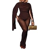 Ryehack Sexy Two Piece Outfits for Women Cap Sleeve Cowl Neck Bodysuit Top and Mesh Tights Set Jumpsuits Night Club Outfits