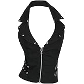WDIRARA Women's Zip Up Halter Top Grommet Sleeveless Backless Goth Punk Tank Tops