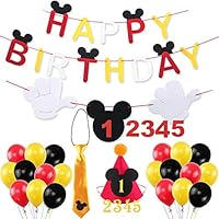 Mickey Mouse Happy Birthday Banner Decorations Kit, Mickey Mouse Banner Tie Hat for Baby Birthday Party Mickey Mouse Theme Party Supplies