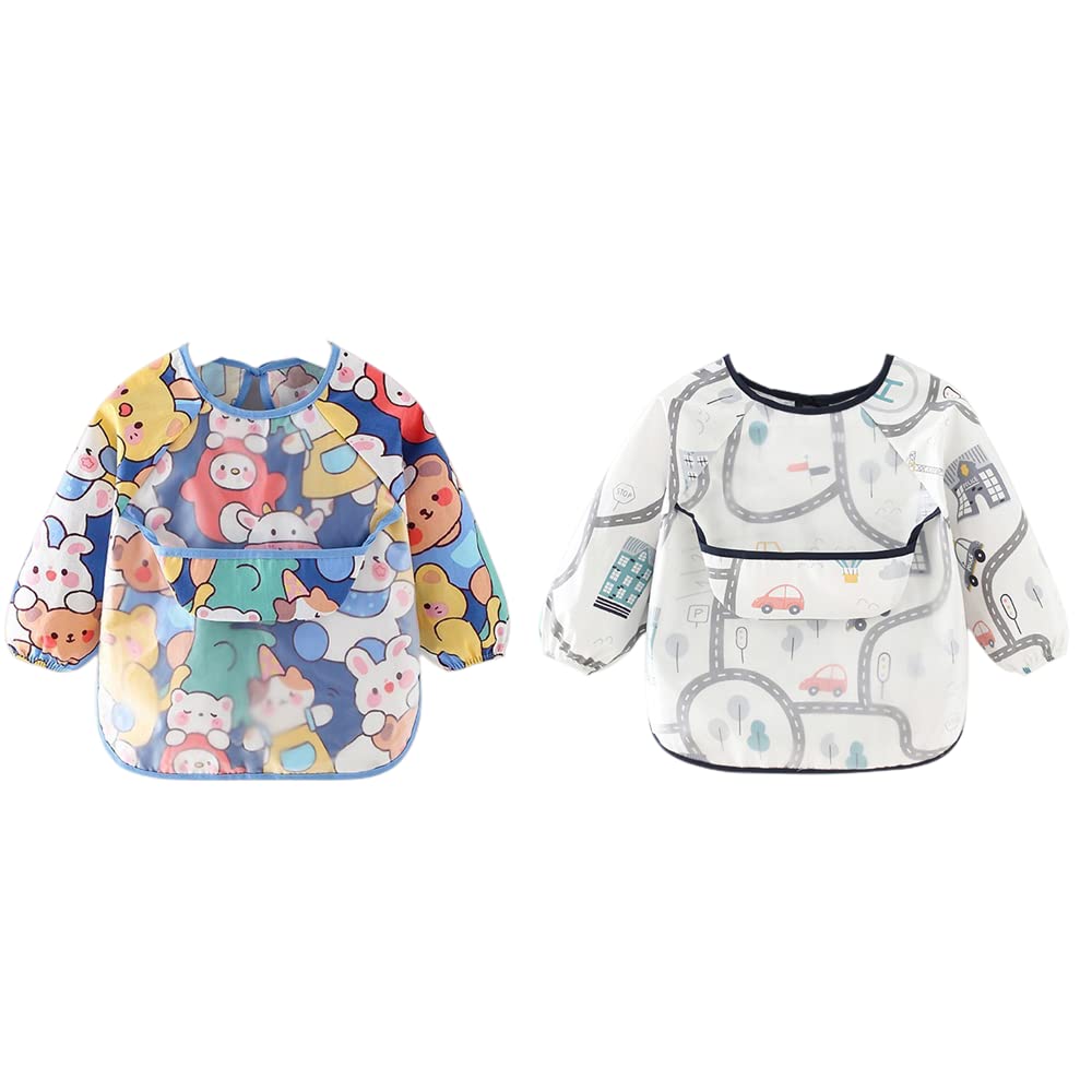 FEIFEI'S BOW 2pcs Baby Kid Waterproof Long Sleeve bib animals dinosaurs Infant Toddler Weaning Feeding Bibs Apron 6 Months to 3 Years Old (Set 04)