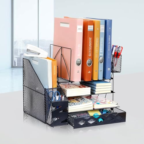Mulaibdin Paper Letter Trays For Desktop, Desk Organiser File Holder, Office File Organiser Rack Metal with Drawer & Pen Holder, Mesh Desk Tidy Tray for Magazine,Document,Stationery Supplies(Black)