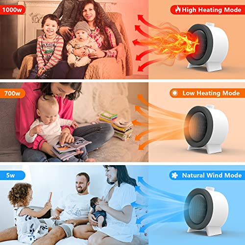 Heizlüfter Energiesparend,1000W PTC Keramik Heizlüfter mit Umkipp- und Überhitzungsschutz, 3s Quick Heating/3 Leistungsstufen/Geräuscharm, für das Büro Schlafzimmer