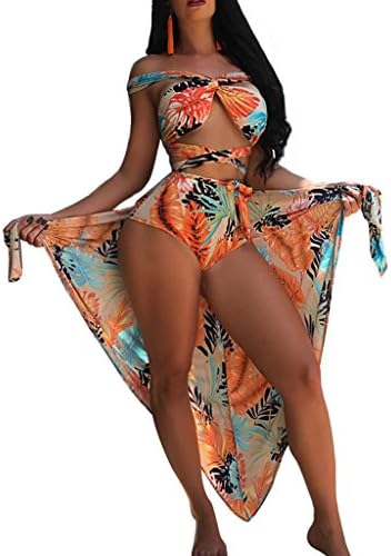 Monzocha Womens Beach Shawl Two Piecee Swimsuit Thong Swim Bottom Long Maxi Dress Orange