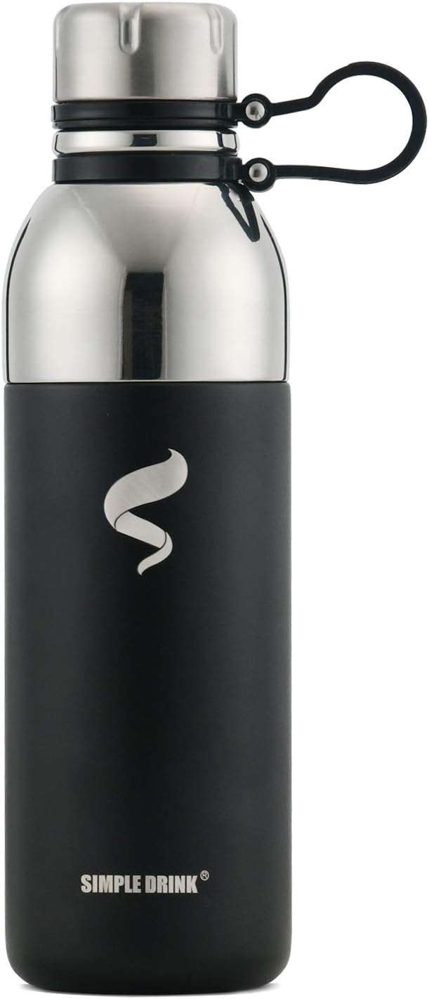 SIMPLE DRINK 2-Way Lid Water Bottle - Vacuum Insulated Stainless Steel, Reusable Leak Proof Metal Flask for Sports Travel, BPA-Free ( Black 20oz)