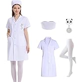 White Nurse Lab Costume Set For Women Short Sleeve Coat W/Cap Pantyhose Pocket watch