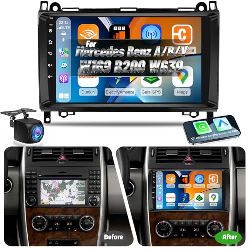 2G+64G Car Radio for Mercedes Benz A/B/V Class W169 B200 W639 W245 Vito Viano Sprinter - Wireless Carplay and Android Auto - 9 Inch Android Car Radio with WiFi GPS FM RDS + Rear View Camera