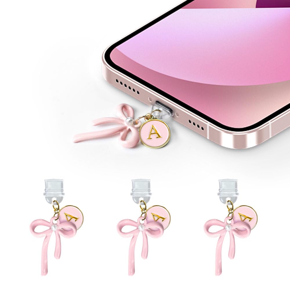 3Pcs Pink Bow USB C Dust Plug Charms for iPhone 16/15 Pro Max/Plus Accessories,Cute Initial Type C Dust Plug Covers for Phone Charging Port Cleaner Cleaning,Port Cover Protector for Galaxy Pixel iPad