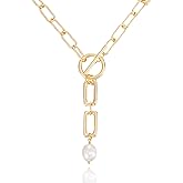 Itcoery Adjustable Pearl Necklace for Women, 17 Inch Gold Paperclip Chain with Toggle Clasp, 8 mm White Cultured Pearl Pendant, Gift Ready