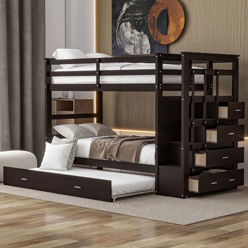 Brisca Twin Over Twin Bunk Bed with Trundle and Staircase,Bedroom Solid Wood Be…