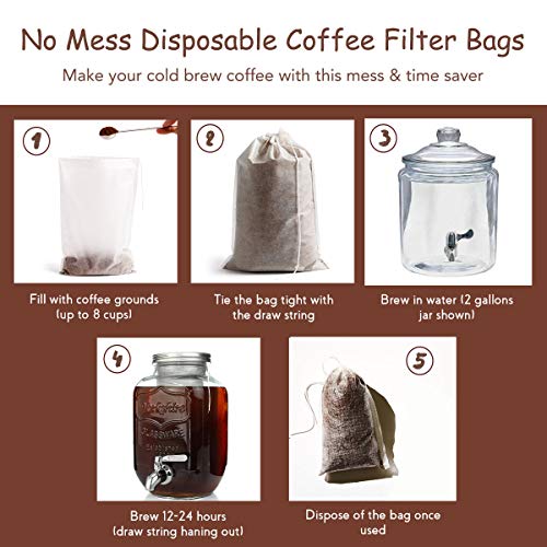 Disposable Cold Brew Coffee Filters - 60 Count Single Use Filter Sock Packs Fine Mesh Brewing Bags for Concentrate, Iced Coffee Maker, French/Cold Press Kit, Tea in Mason Jar, 8 x 12 Inches