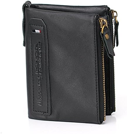NBSAMENG Genuine Vintage Cowhide Leather Men Wallets Bifold Wallet Double Zipper Pocket ID Card Holder Coin Purse (black)
