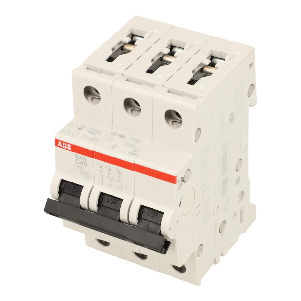 ABB S203-C50 Miniature Circuit Breaker, 3 Pole, Type C, 6/10kA Breaking Capacity, 50 Amp Current (2CDS253001R0504)