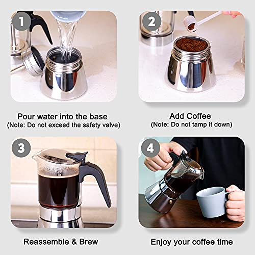 Grasseed Luxurious Crystal Glass & Stainless Steel Moka Pot, Stovetop