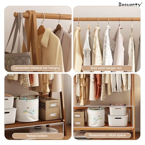 Beauenty Bamboo Clothes Racks, Freestanding Clothing Hanger with Storage Rack, Clothes Hanging Shoe Rack, Coat Organizer for Hotel, Hallway, Bedroom, Office (100x46x144 cm)
