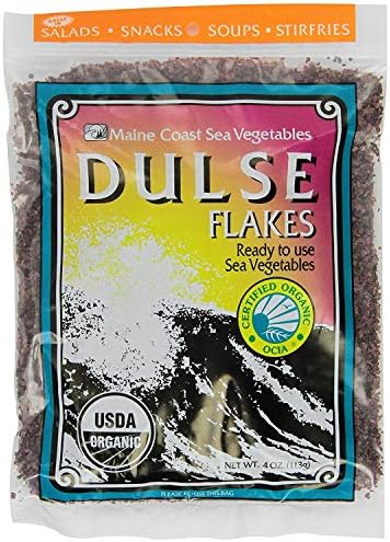 Dulse Flakes - Certified Organic- Sea Vegetables, washed, Pure Vegan- Maine COhsawast 4oz. (Dulse Flakes 4 oz. 2 Pack)
