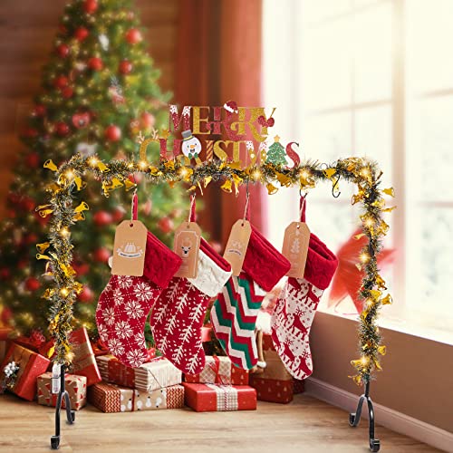 Tiamo Lin Lighted Metal Christmas Stocking Holder Stand for Floor with 6 Hangers Gold Merry