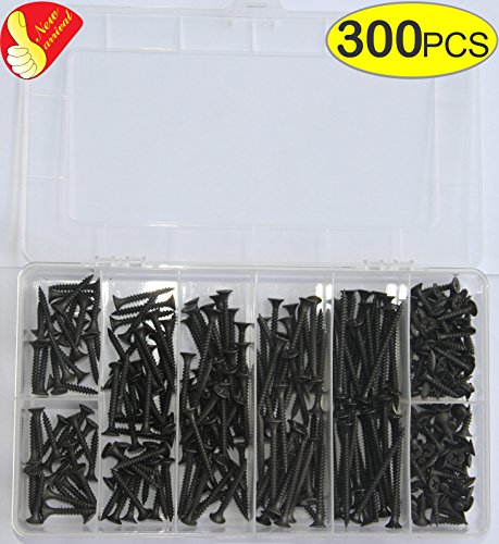 IEUYO 300 PCS Wood Screw Assortment Kit, Bugle Head, Phillips Drive, Black Oxide Finish, For Drywall, Wood, 7Size, M3.5x16/20/25/30/35/40/50