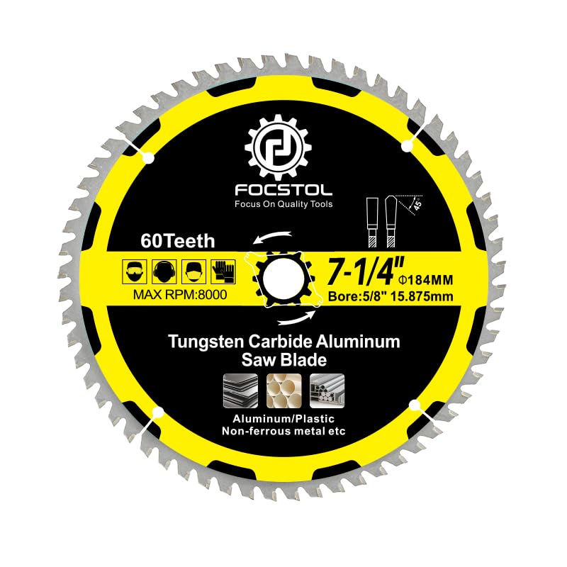 184mm Aluminum Cutting Circular Saw Blade - FOCSTOL 60 Tooth TCG Non-ferrous Metal Cutting Blade with 15.875mm Arbor for Aluminum Non-ferrous Metals Plastic