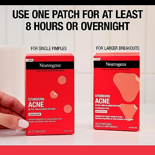 NEUTROGENA STUBBORN ACNE BLEMISH PATCHES COMBINATION PACK, ULTRA-THIN HYDROCOLLOID ACNE PATCH ABSORBS FLUIDS & REMOVES IMPURITIES TO HELP PIMPLES LOOK SMALLER, 2 SIZES, 16 PATCHES