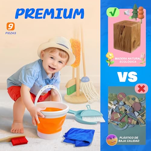 WEAGP Juego de Limpieza para Niños, 6 Piezas Set de Limpieza para Niñas Desmontables con Fregona Cepillo Escoba Recogedor Balde y Soporte Organizador, Regalo Juguetes de rol para Niñas Niños