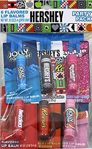 Hershey Party Pack Lip Balm Six (6) Pack (Jolly Rancher Blue Raspberry, Jolly Rancher Watermelon, Hershey's Milk Chocolate, Twizzlers Strawberry &amp; Bubble Yum) by Lotta Luv Beauty