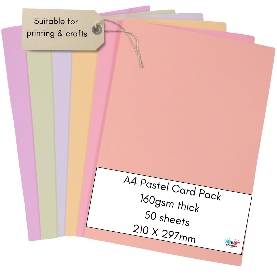 Pastel A4 Mixed Pastel Card - 50 Sheets 160gsm 6 Shades A4 Printer Photocopier Coloured Card Sheets